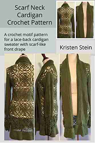 Scarf Neck Cardigan Crochet Pattern: A crochet motif pattern for a lace back cardigan sweater with scarf like front drape